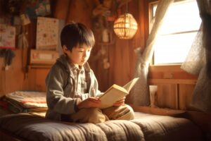 子供部屋で本を読む小学生の男の子